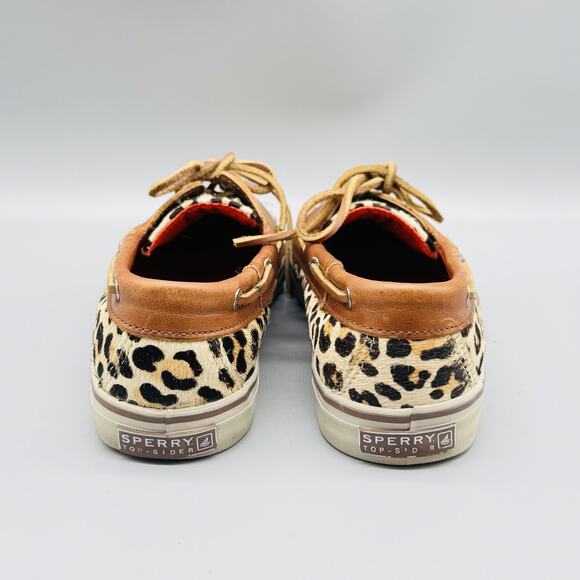 Sperry Shoes Women 7.5 Brown Leather Calf Hair Top Sider Leopard Print Boat Deck - Picture 7 of 13
